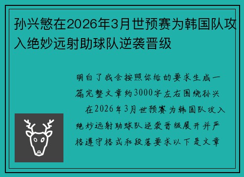 孙兴慜在2026年3月世预赛为韩国队攻入绝妙远射助球队逆袭晋级
